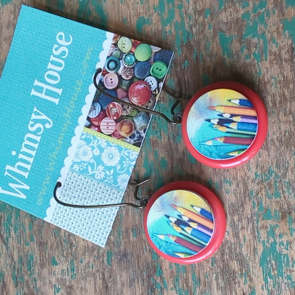 2/$16 WHIMSY HOUSE I Upcycled VTG Button Artist Colored Pencil Dangle Earrings